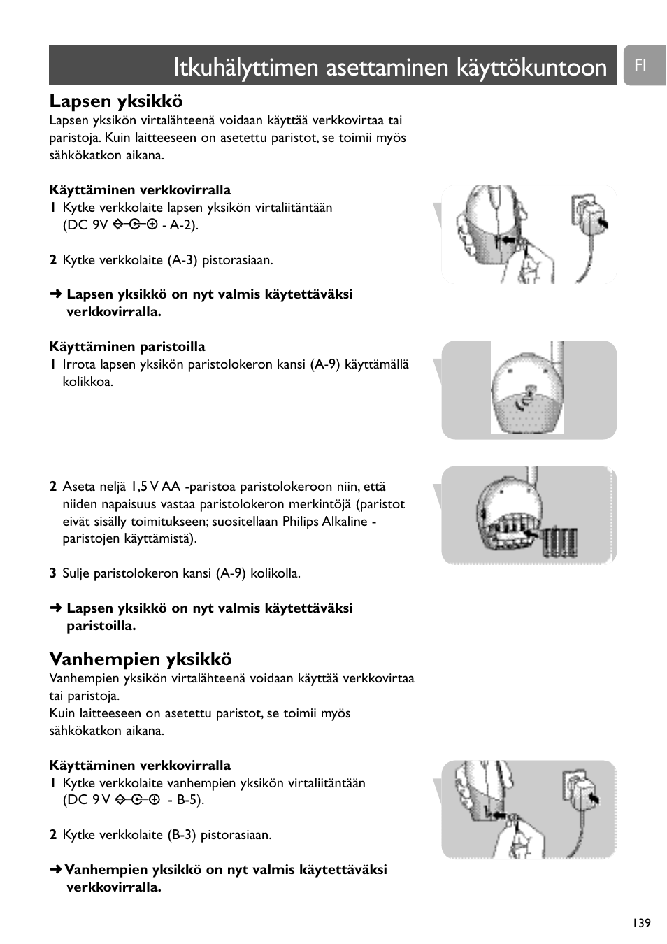 Itkuhälyttimen asettaminen käyttökuntoon, Lapsen yksikkö, Vanhempien yksikkö | Philips SBC SC463 User Manual | Page 139 / 160