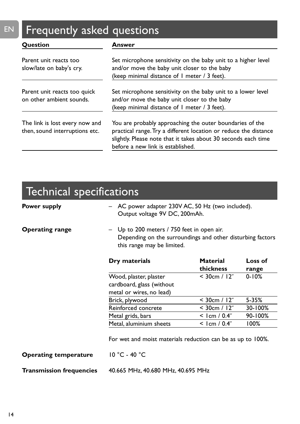Technical specifications, Frequently asked questions | Philips SBC SC463 User Manual | Page 14 / 160