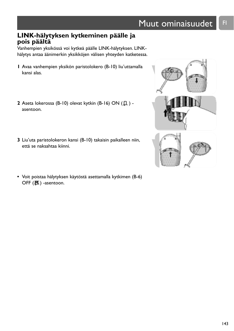 Muut ominaisuudet, Link-hälytyksen kytkeminen päälle ja pois päältä | Philips SBC SC463 User Manual | Page 143 / 160