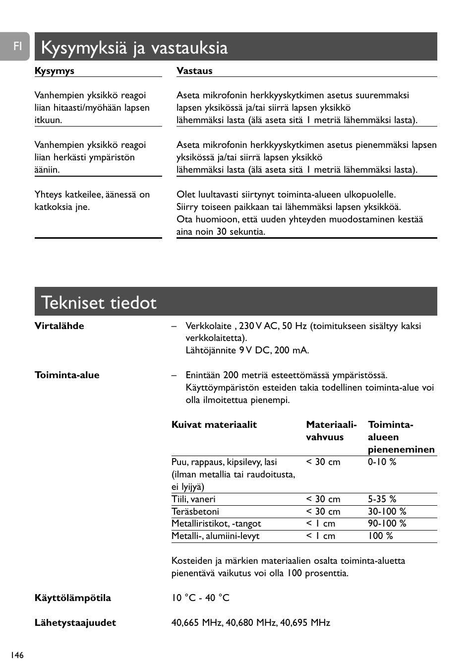 Tekniset tiedot, Kysymyksiä ja vastauksia | Philips SBC SC463 User Manual | Page 146 / 160