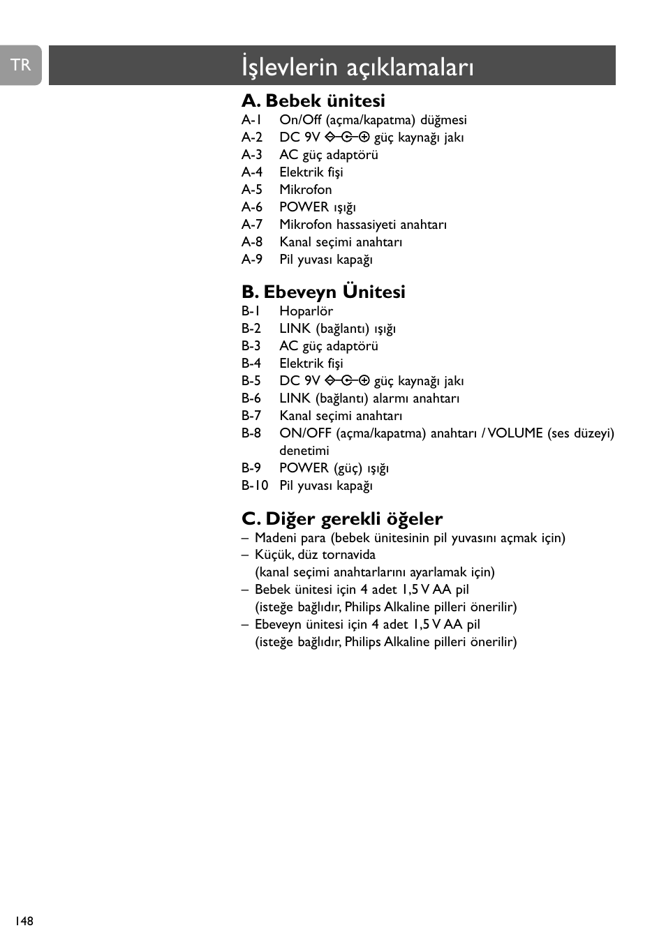 Işlevlerin açıklamaları, A. bebek ünitesi, B. ebeveyn ünitesi | C. diğer gerekli öğeler | Philips SBC SC463 User Manual | Page 148 / 160
