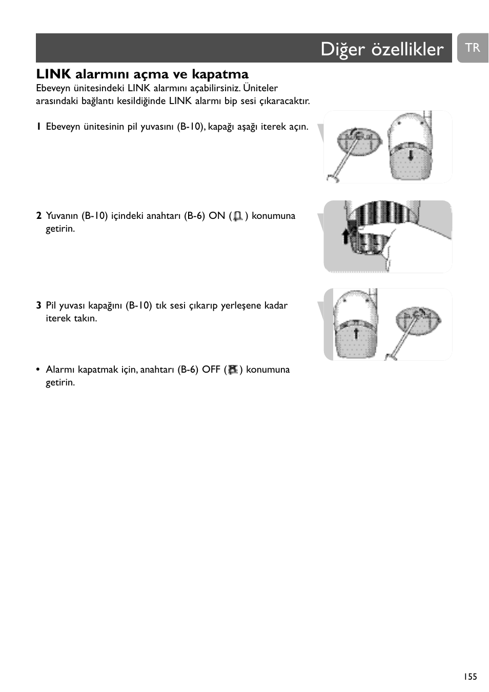 Diğer özellikler, Link alarmını açma ve kapatma | Philips SBC SC463 User Manual | Page 155 / 160