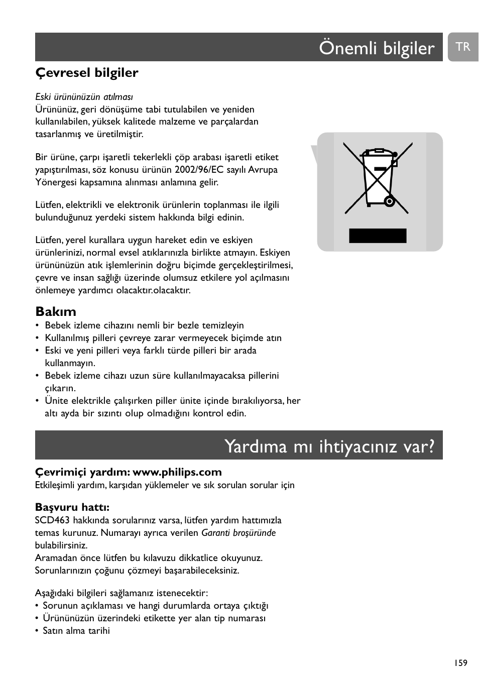 Önemli bilgiler, Yardıma mı ihtiyacınız var, Çevresel bilgiler | Bakım | Philips SBC SC463 User Manual | Page 159 / 160