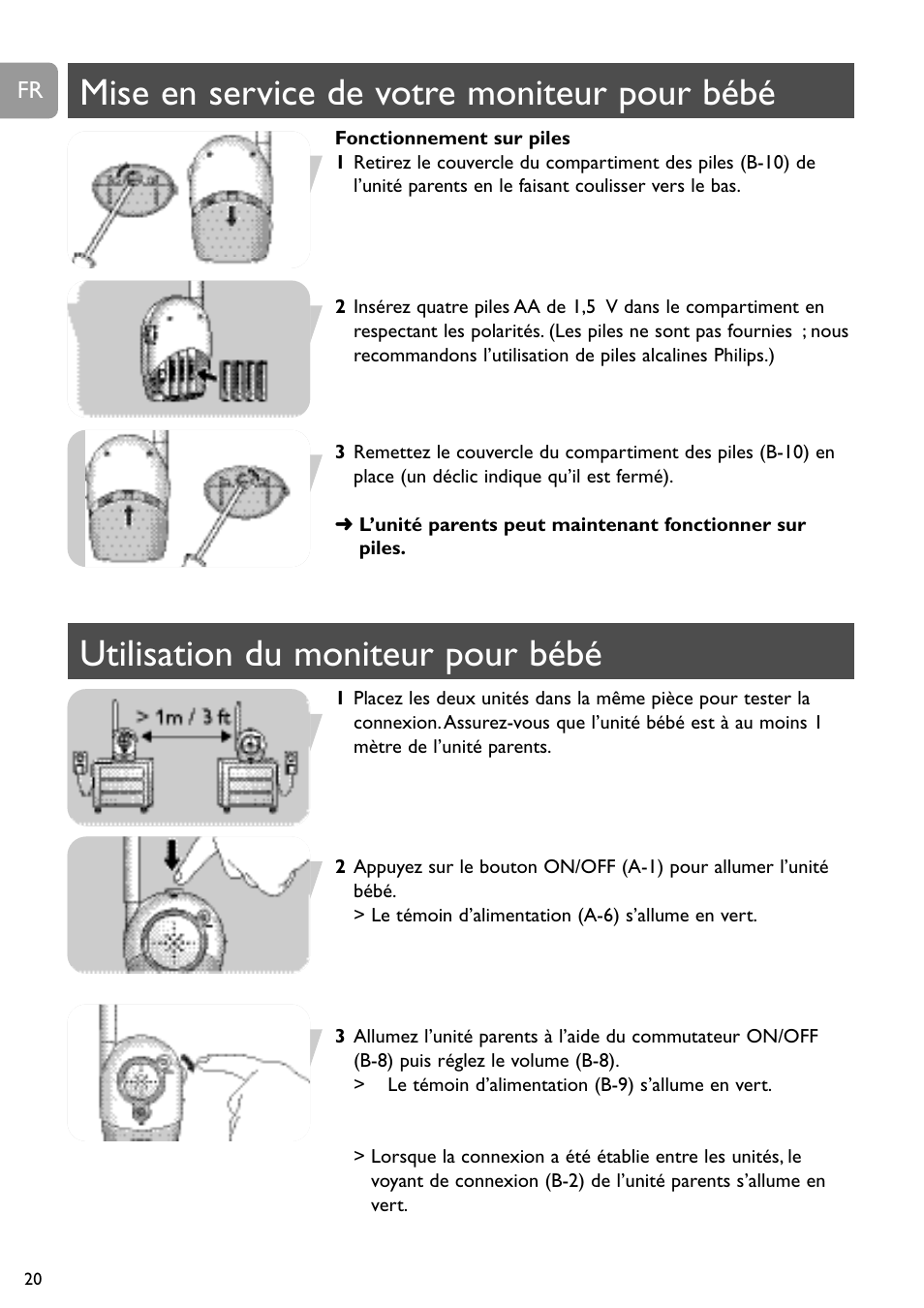 Mise en service de votre moniteur pour bébé, Utilisation du moniteur pour bébé | Philips SBC SC463 User Manual | Page 20 / 160