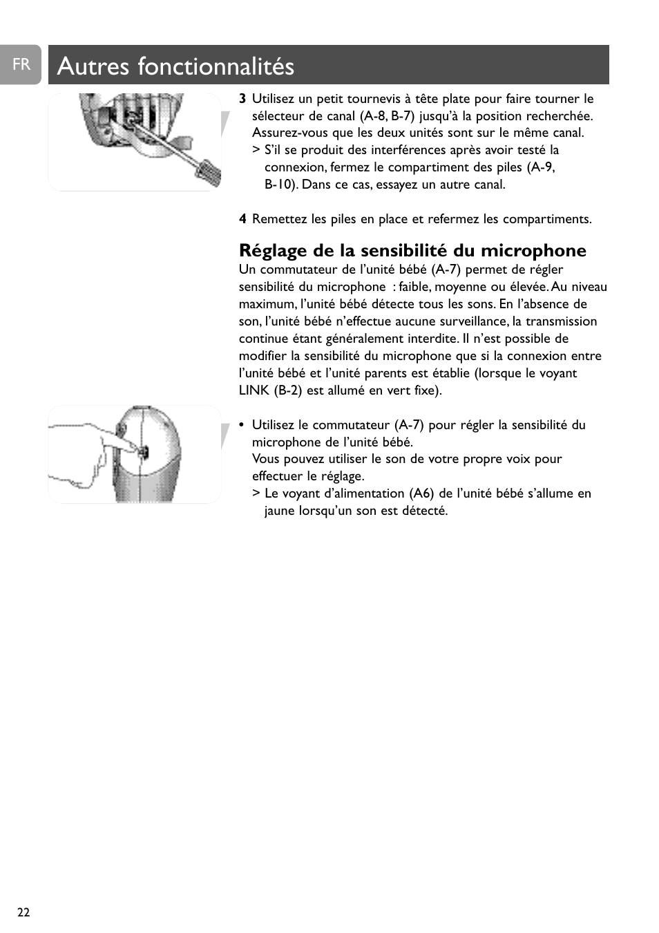 Autres fonctionnalités, Réglage de la sensibilité du microphone | Philips SBC SC463 User Manual | Page 22 / 160