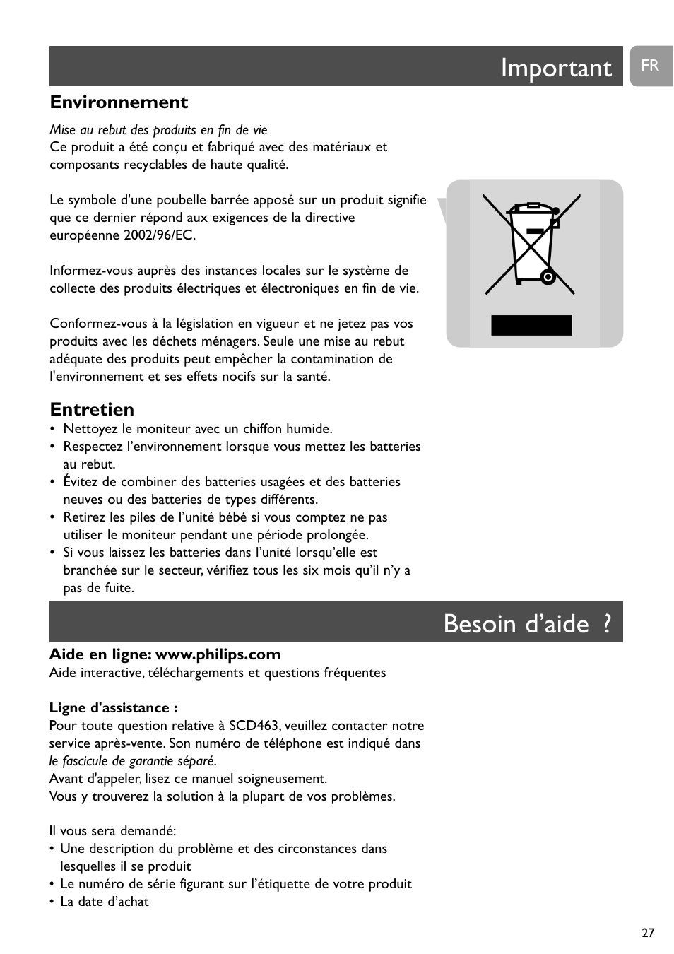 Important, Besoin d’aide, Environnement | Entretien | Philips SBC SC463 User Manual | Page 27 / 160