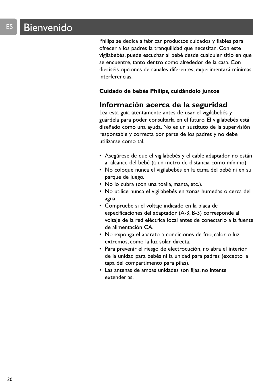 Bienvenido, Información acerca de la seguridad | Philips SBC SC463 User Manual | Page 30 / 160