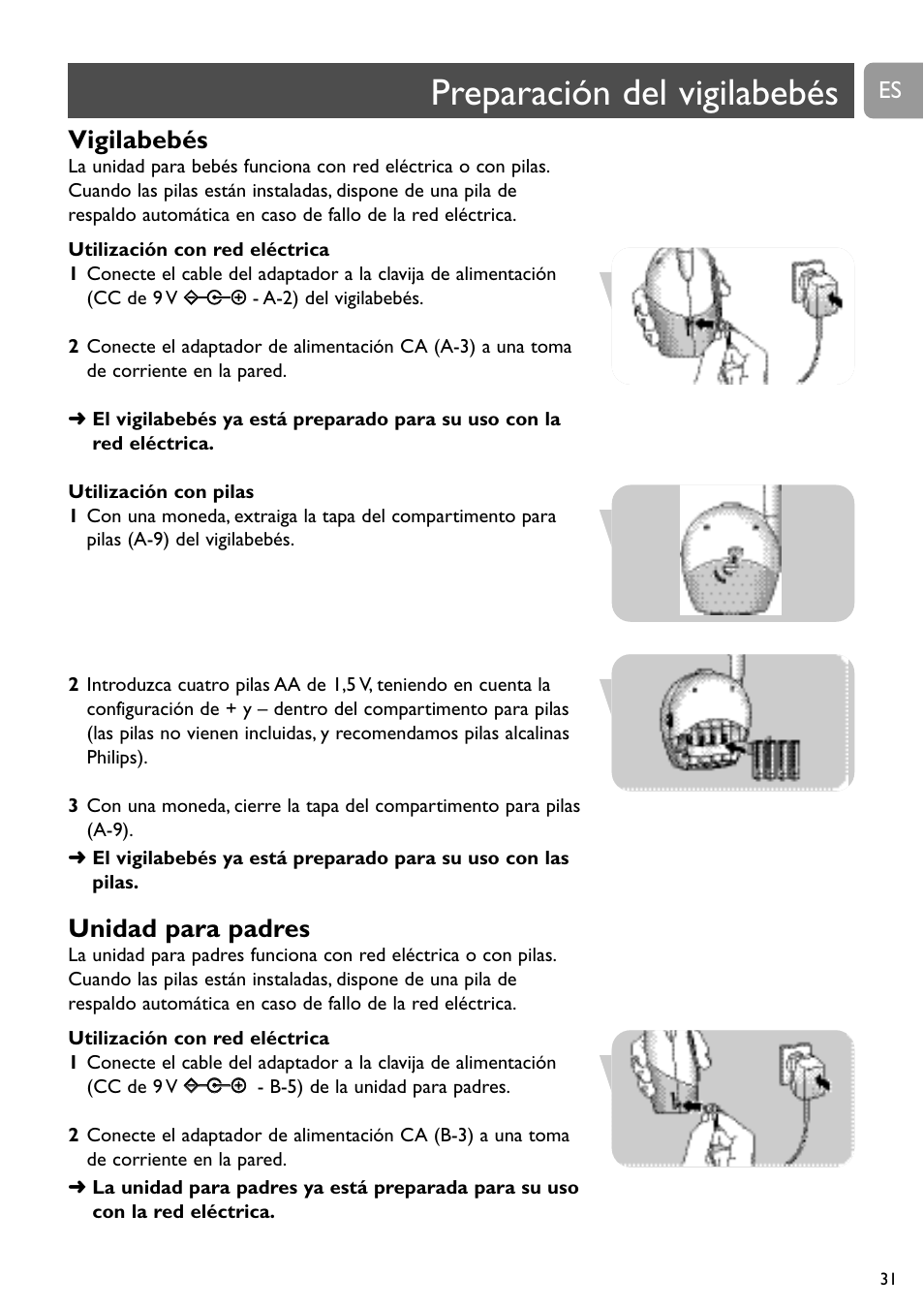 Preparación del vigilabebés, Vigilabebés, Unidad para padres | Philips SBC SC463 User Manual | Page 31 / 160