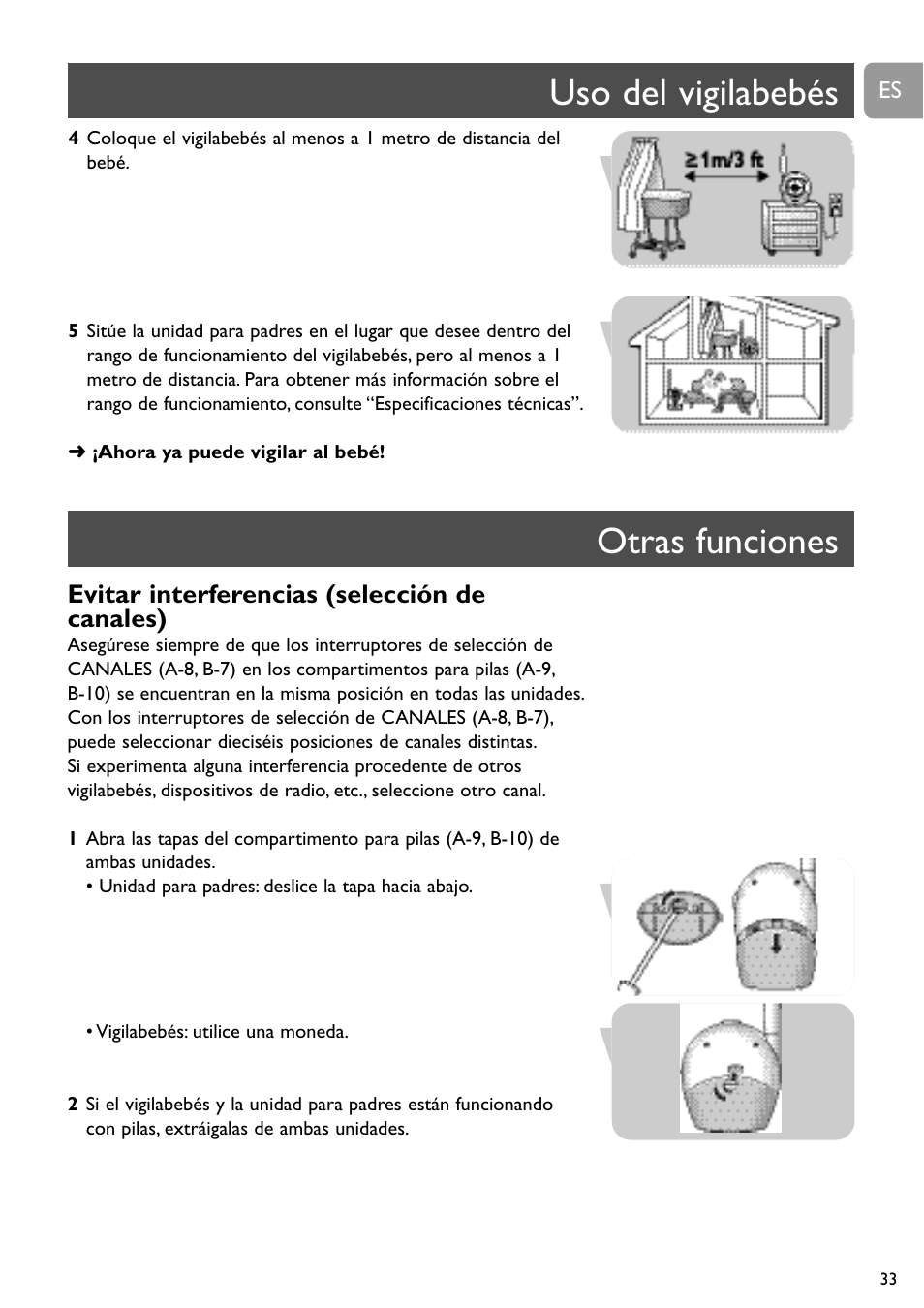 Uso del vigilabebés otras funciones, Evitar interferencias (selección de canales) | Philips SBC SC463 User Manual | Page 33 / 160