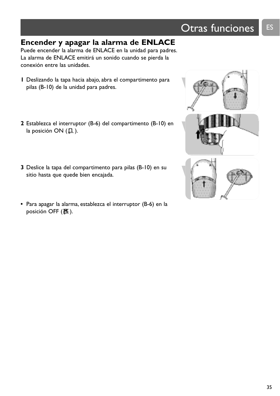 Otras funciones, Encender y apagar la alarma de enlace | Philips SBC SC463 User Manual | Page 35 / 160