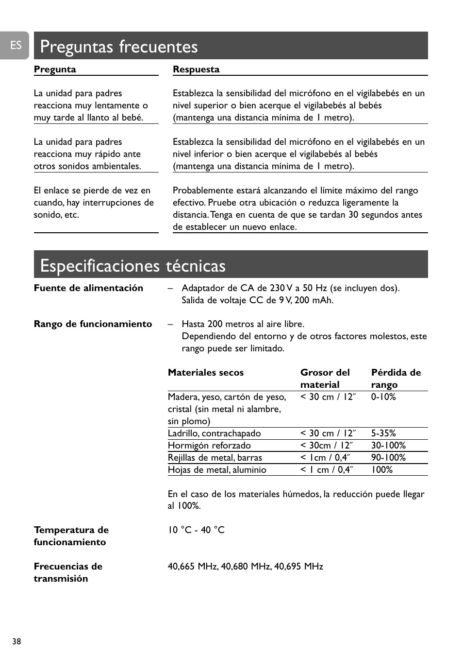 Especificaciones técnicas, Preguntas frecuentes | Philips SBC SC463 User Manual | Page 38 / 160