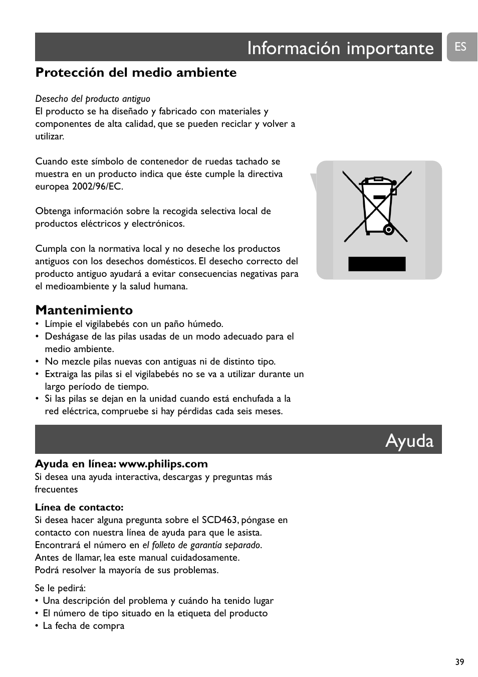 Información importante, Ayuda, Protección del medio ambiente | Mantenimiento | Philips SBC SC463 User Manual | Page 39 / 160