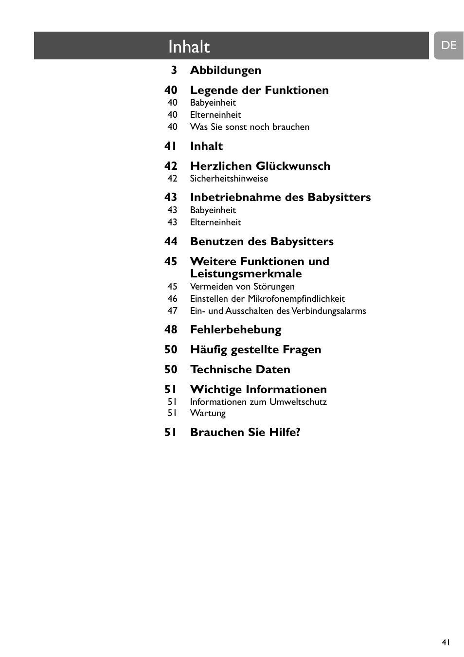 Inhalt | Philips SBC SC463 User Manual | Page 41 / 160