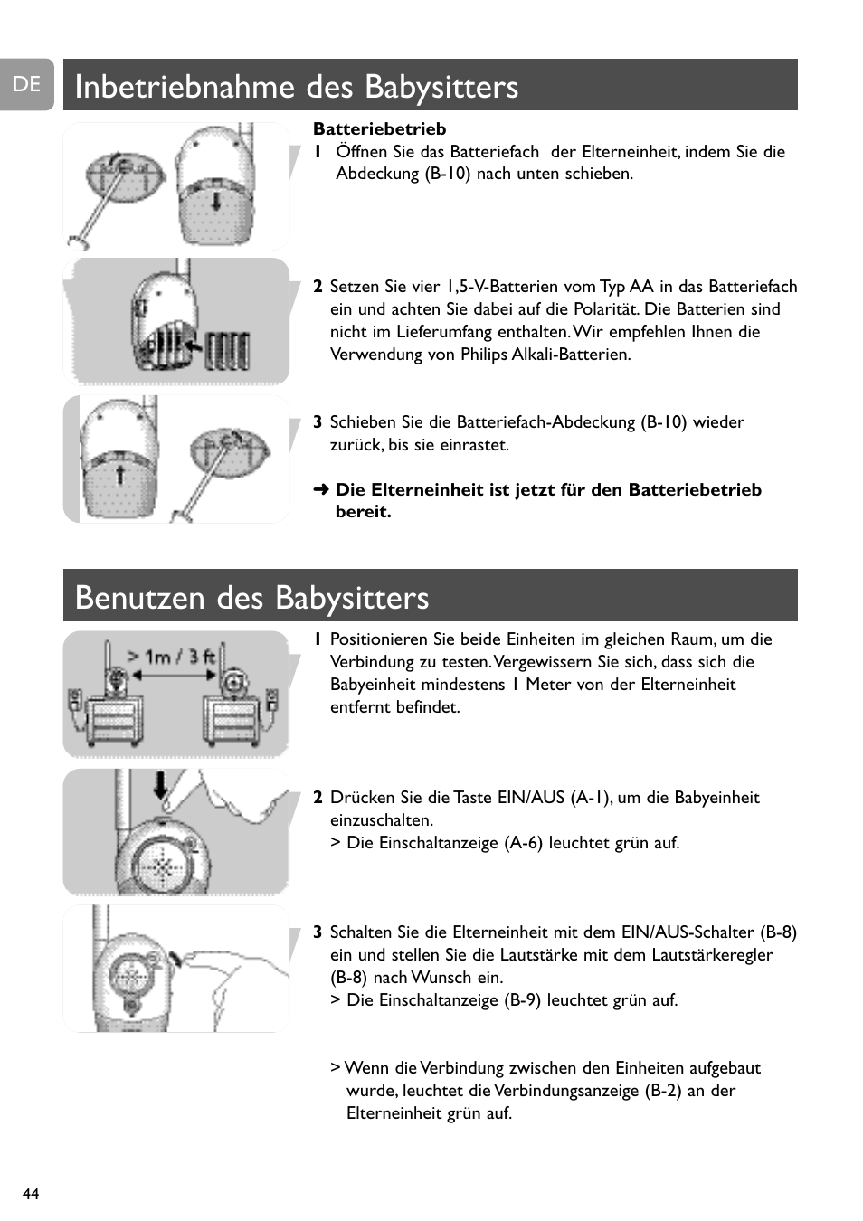 Inbetriebnahme des babysitters, Benutzen des babysitters | Philips SBC SC463 User Manual | Page 44 / 160