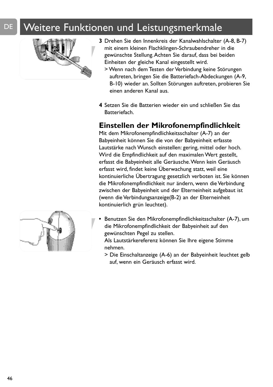 Weitere funktionen und leistungsmerkmale, Einstellen der mikrofonempfindlichkeit | Philips SBC SC463 User Manual | Page 46 / 160