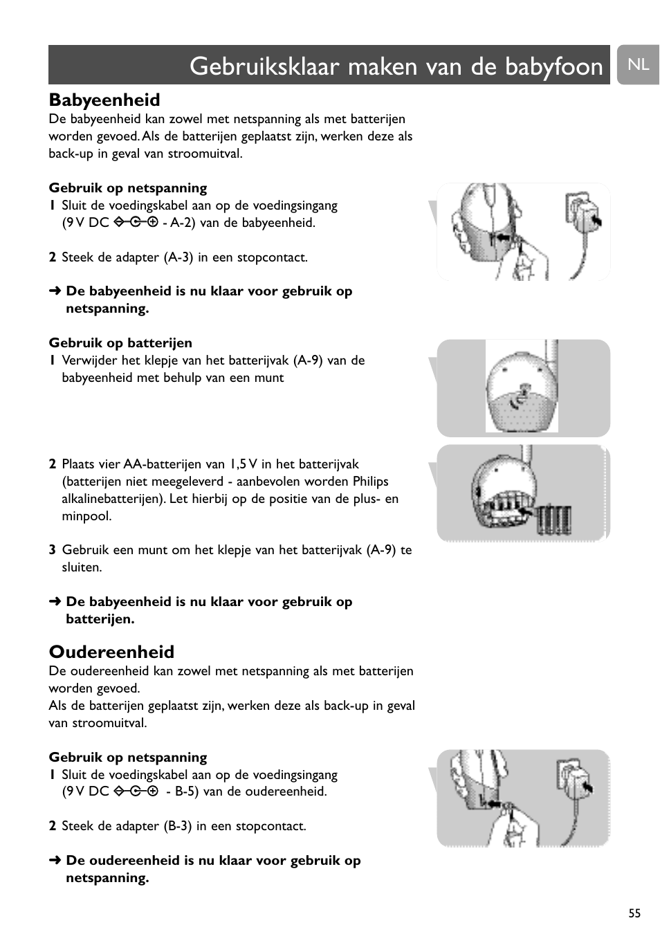 Gebruiksklaar maken van de babyfoon, Babyeenheid, Oudereenheid | Philips SBC SC463 User Manual | Page 55 / 160