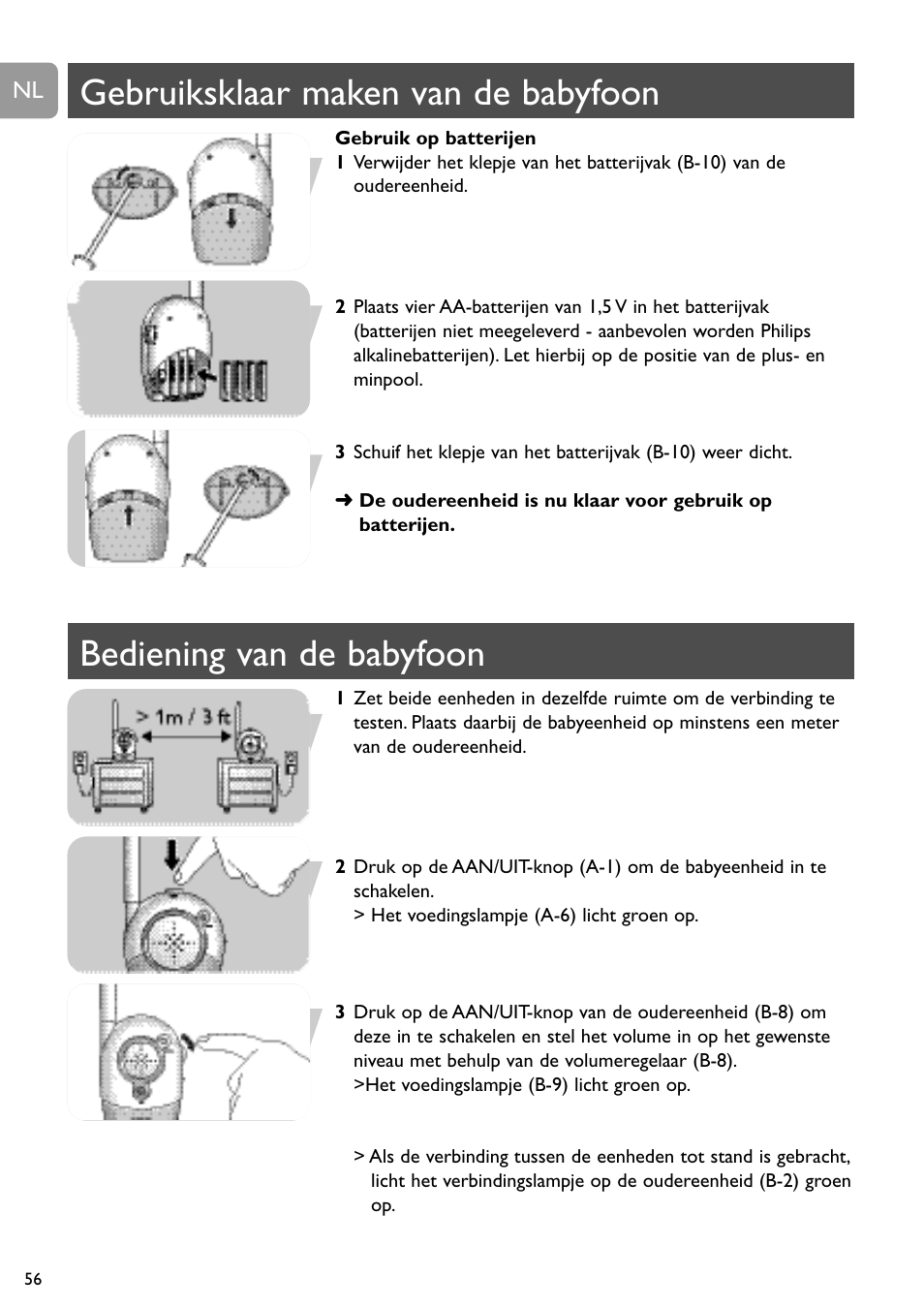 Gebruiksklaar maken van de babyfoon, Bediening van de babyfoon | Philips SBC SC463 User Manual | Page 56 / 160