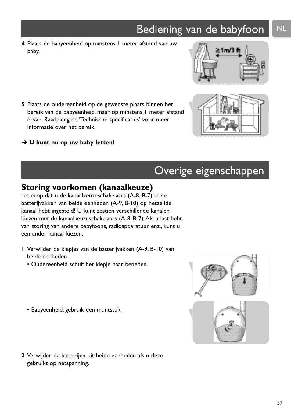 Bediening van de babyfoon overige eigenschappen, Storing voorkomen (kanaalkeuze) | Philips SBC SC463 User Manual | Page 57 / 160