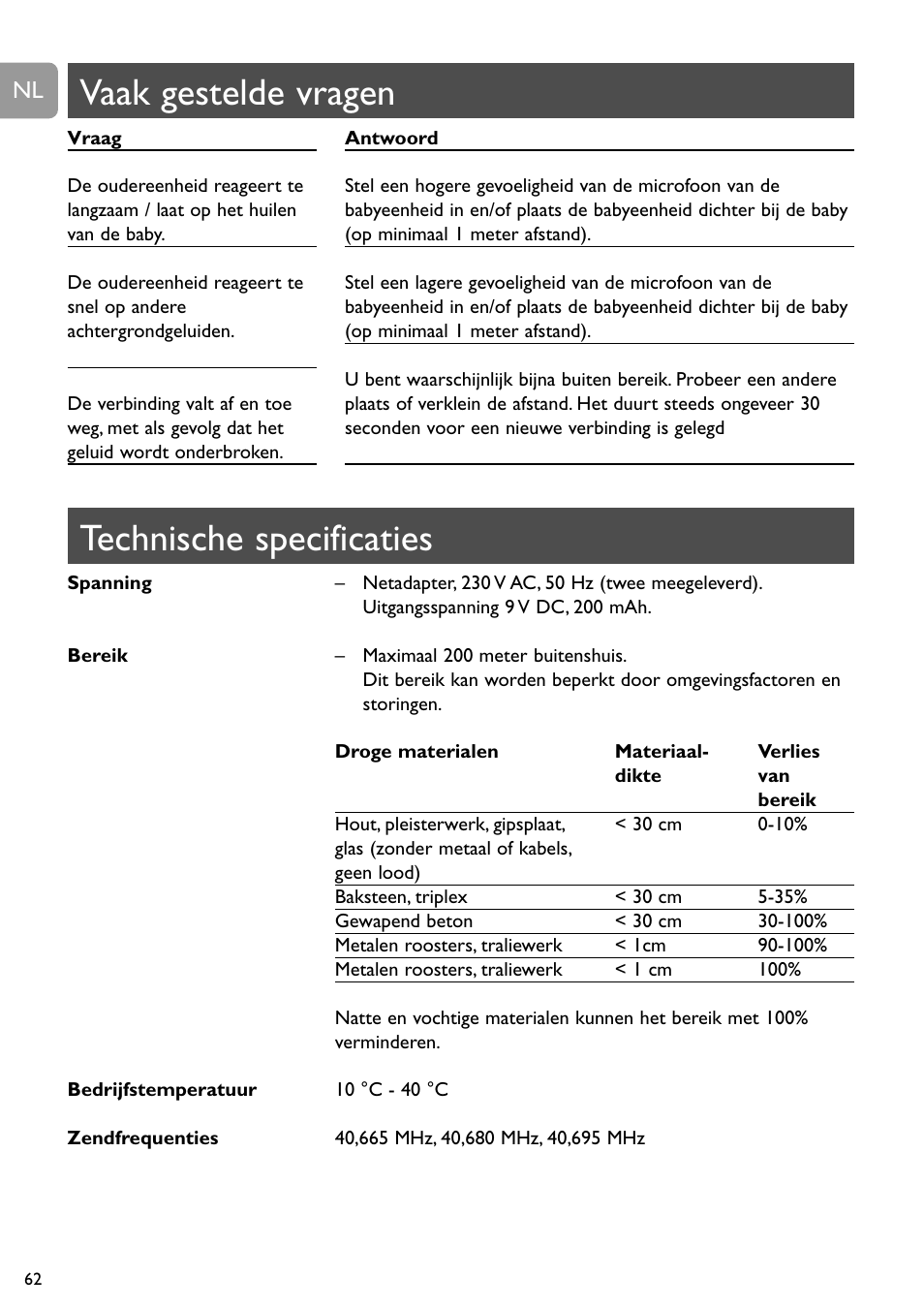Technische specificaties, Vaak gestelde vragen | Philips SBC SC463 User Manual | Page 62 / 160