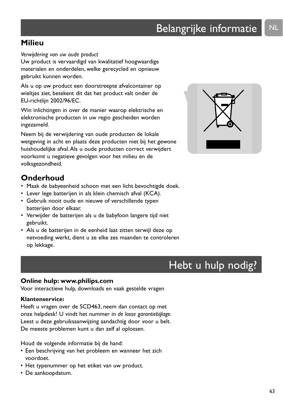 Belangrijke informatie, Hebt u hulp nodig, Milieu | Onderhoud | Philips SBC SC463 User Manual | Page 63 / 160