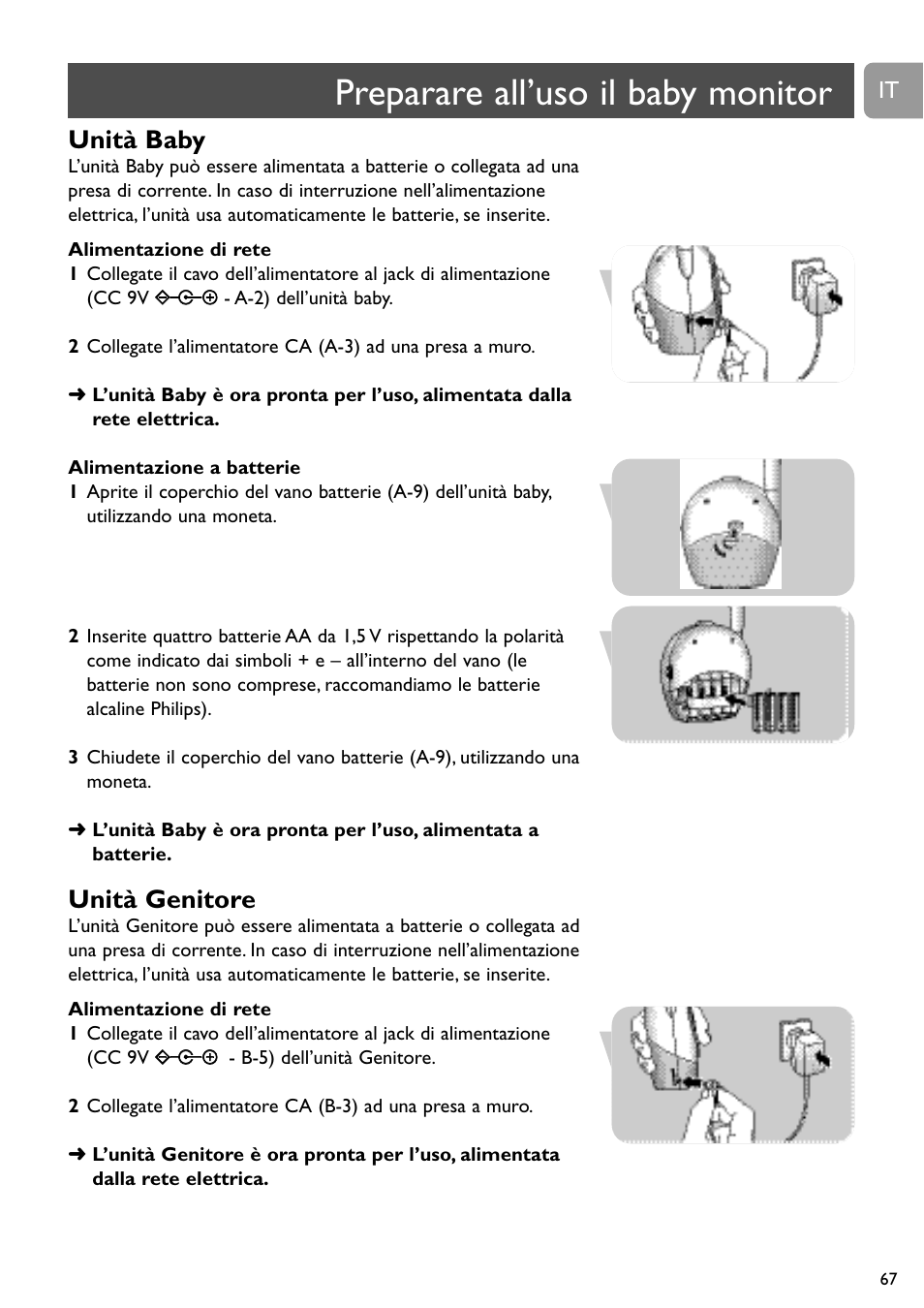 Preparare all’uso il baby monitor, Unità baby, Unità genitore | Philips SBC SC463 User Manual | Page 67 / 160