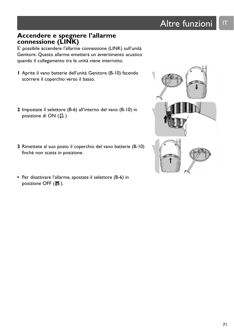 Altre funzioni, Accendere e spegnere l’allarme connessione (link) | Philips SBC SC463 User Manual | Page 71 / 160