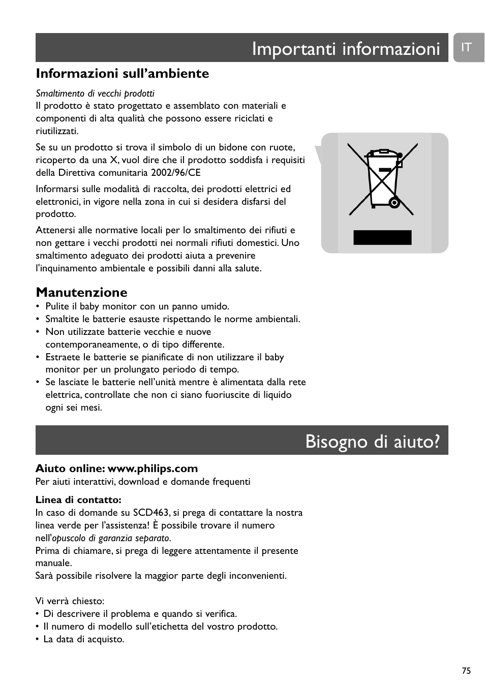 Importanti informazioni, Bisogno di aiuto, Informazioni sull’ambiente | Manutenzione | Philips SBC SC463 User Manual | Page 75 / 160