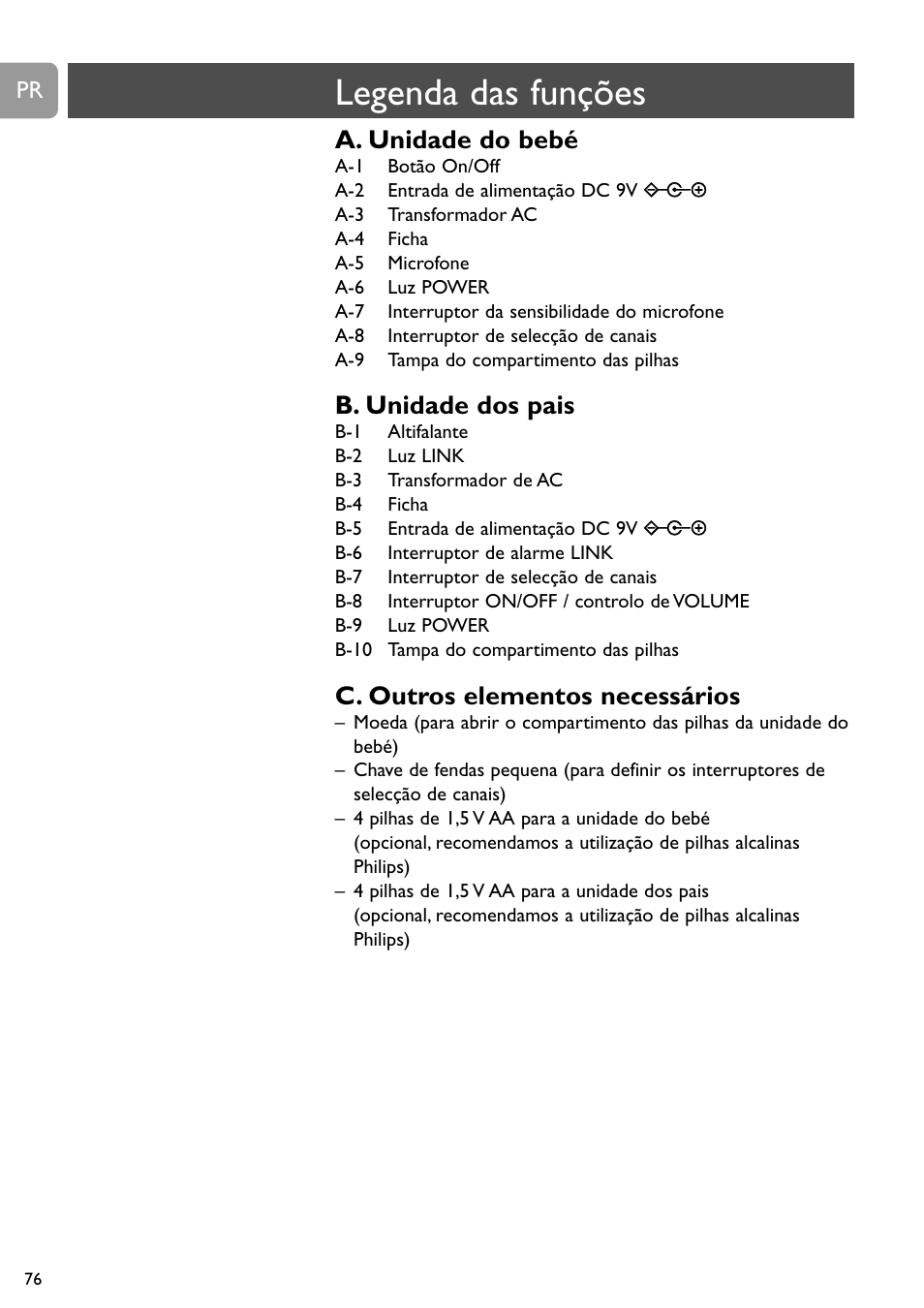 Legenda das funções, A. unidade do bebé, B. unidade dos pais | C. outros elementos necessários | Philips SBC SC463 User Manual | Page 76 / 160