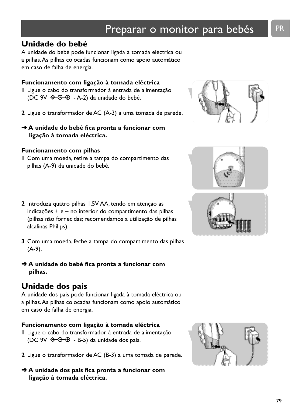 Preparar o monitor para bebés, Unidade do bebé, Unidade dos pais | Philips SBC SC463 User Manual | Page 79 / 160