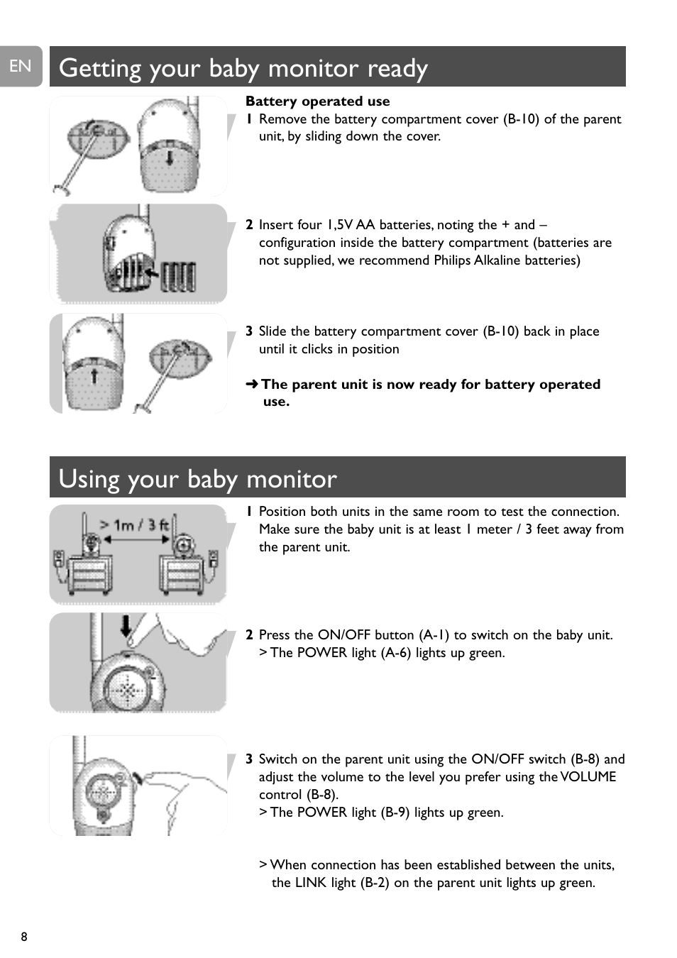 Getting your baby monitor ready, Using your baby monitor | Philips SBC SC463 User Manual | Page 8 / 160