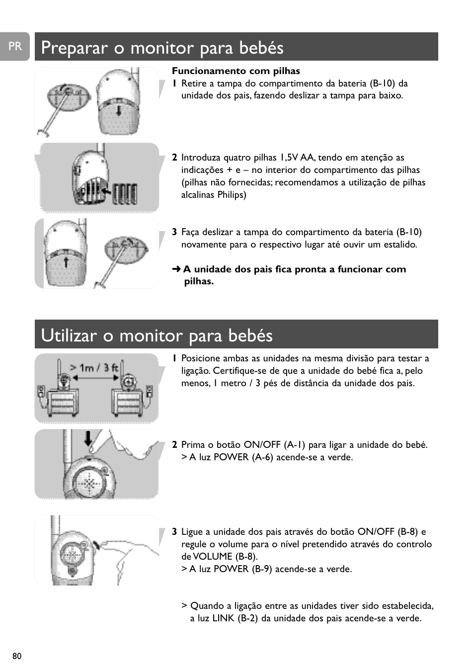 Preparar o monitor para bebés, Utilizar o monitor para bebés | Philips SBC SC463 User Manual | Page 80 / 160