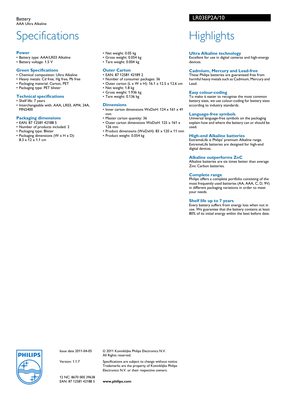 Specifications, Highlights | Philips LR03EP2A User Manual | Page 2 / 2