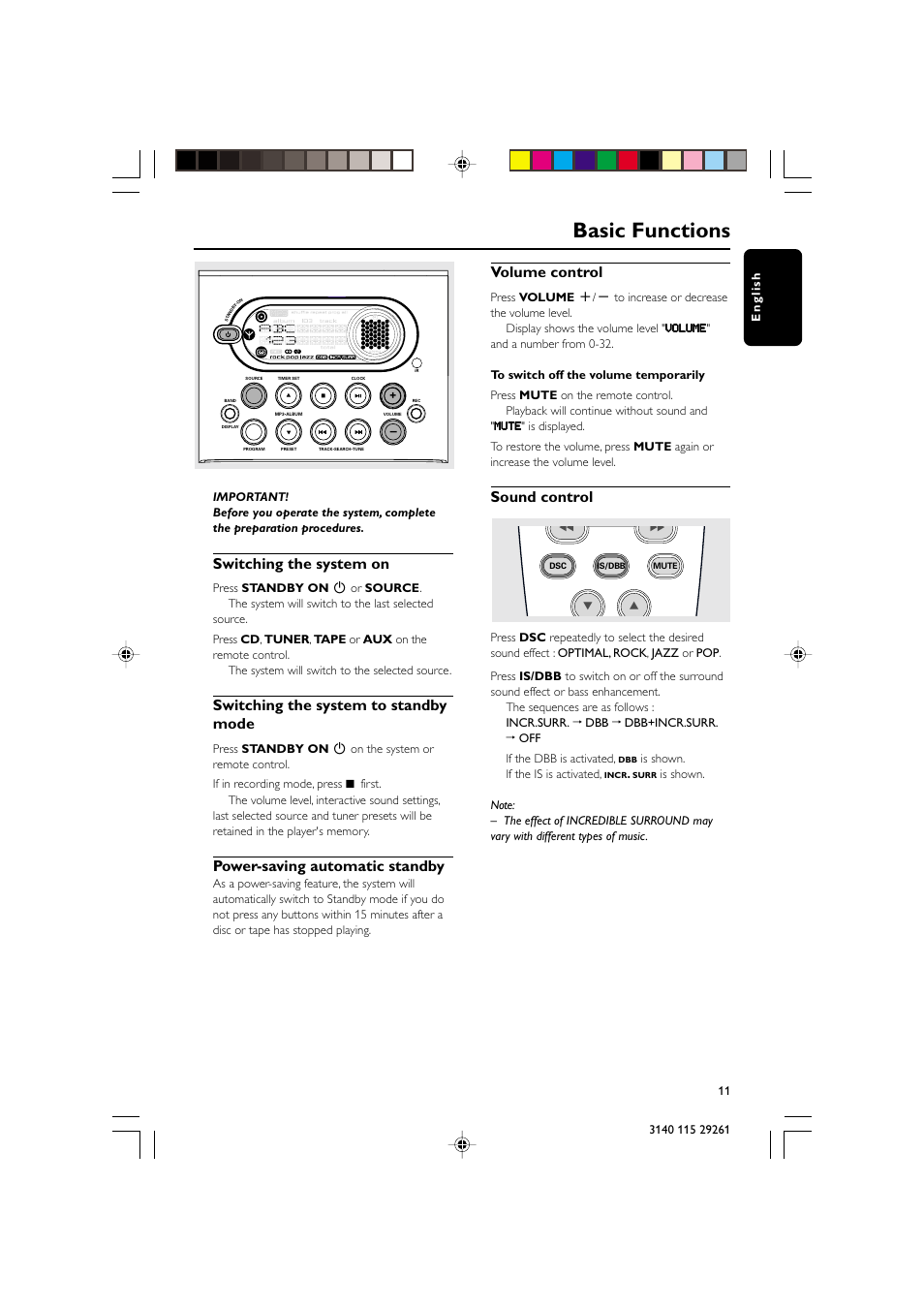 Basic functions, Switching the system on, Switching the system to standby mode | Power-saving automatic standby, Volume control, Sound control | Philips MC-M250 User Manual | Page 11 / 20