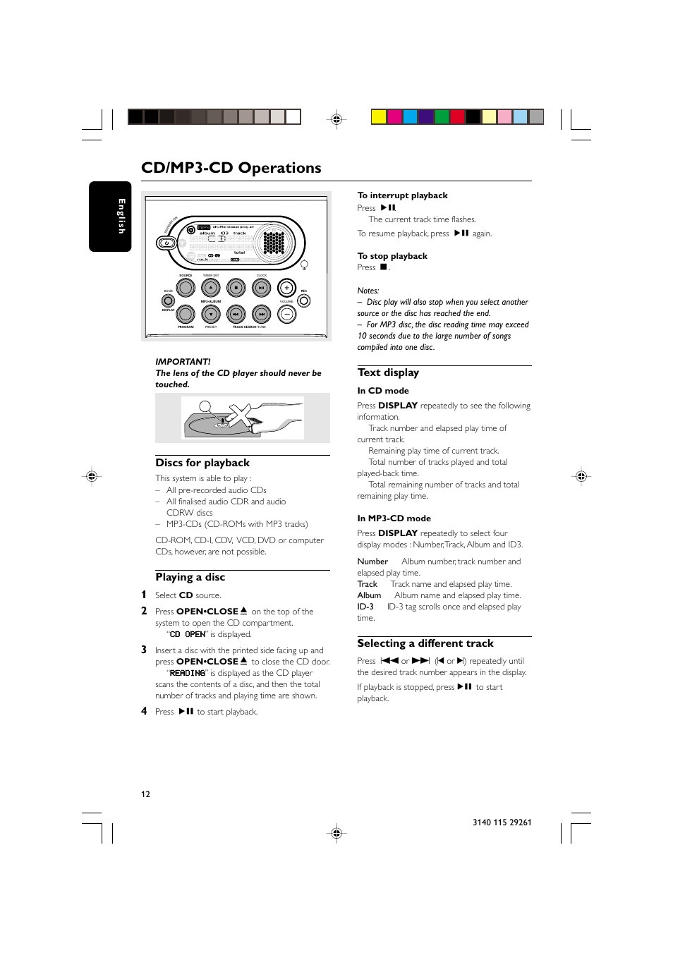 Cd/mp3-cd operations, Discs for playback, Playing a disc 1 | Text display, Selecting a different track | Philips MC-M250 User Manual | Page 12 / 20