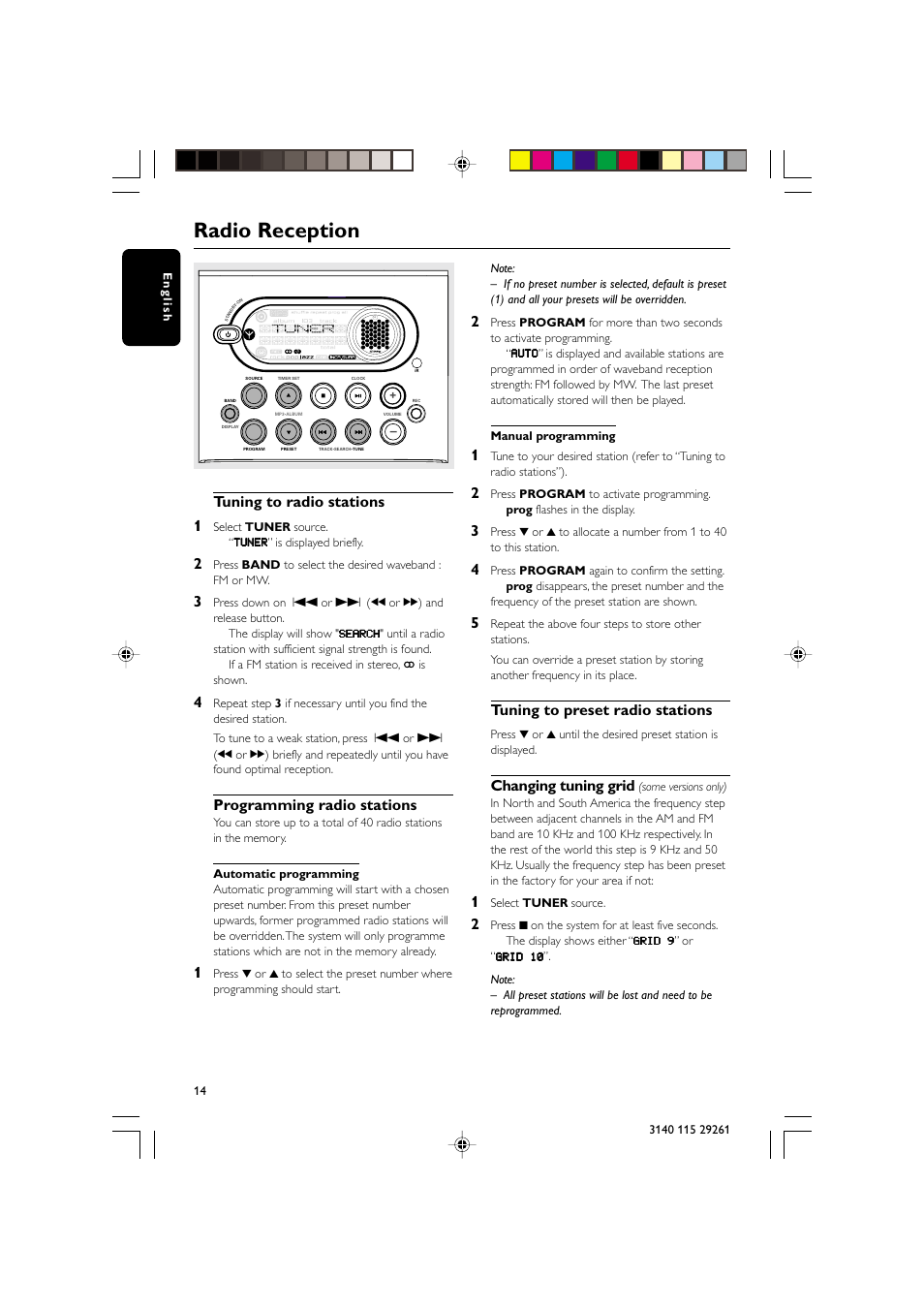 Radio reception, Tuning to radio stations 1, Programming radio stations | Tuning to preset radio stations, Changing tuning grid | Philips MC-M250 User Manual | Page 14 / 20