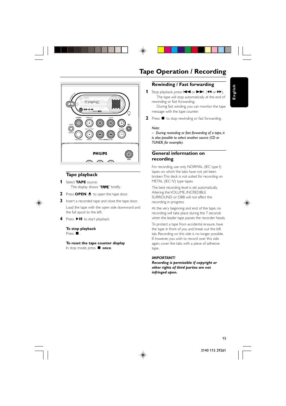 Tape operation / recording, Tape playback 1, Rewinding / fast forwarding 1 | General information on recording | Philips MC-M250 User Manual | Page 15 / 20