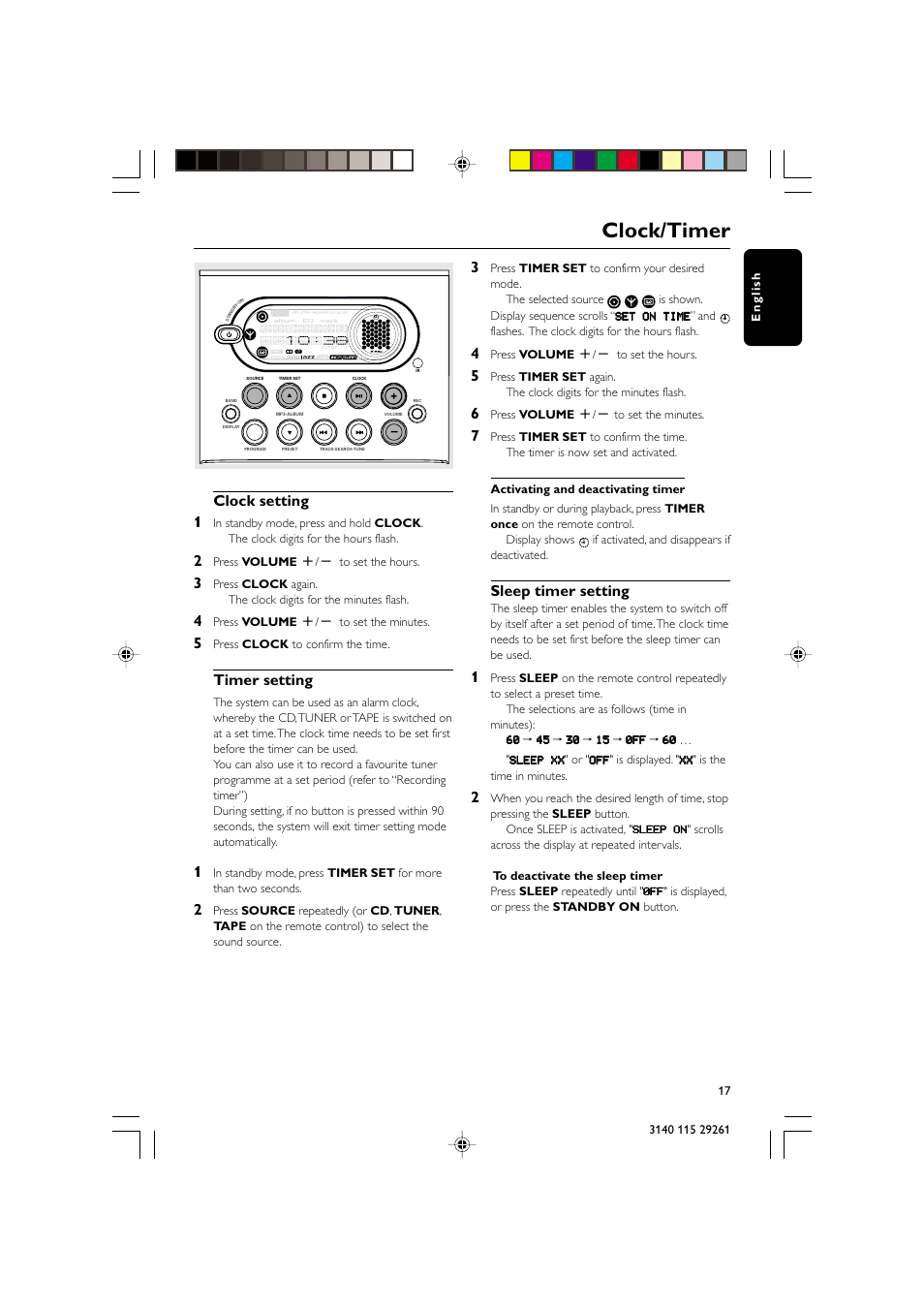 Clock/timer, Clock setting 1, Timer setting | Sleep timer setting | Philips MC-M250 User Manual | Page 17 / 20