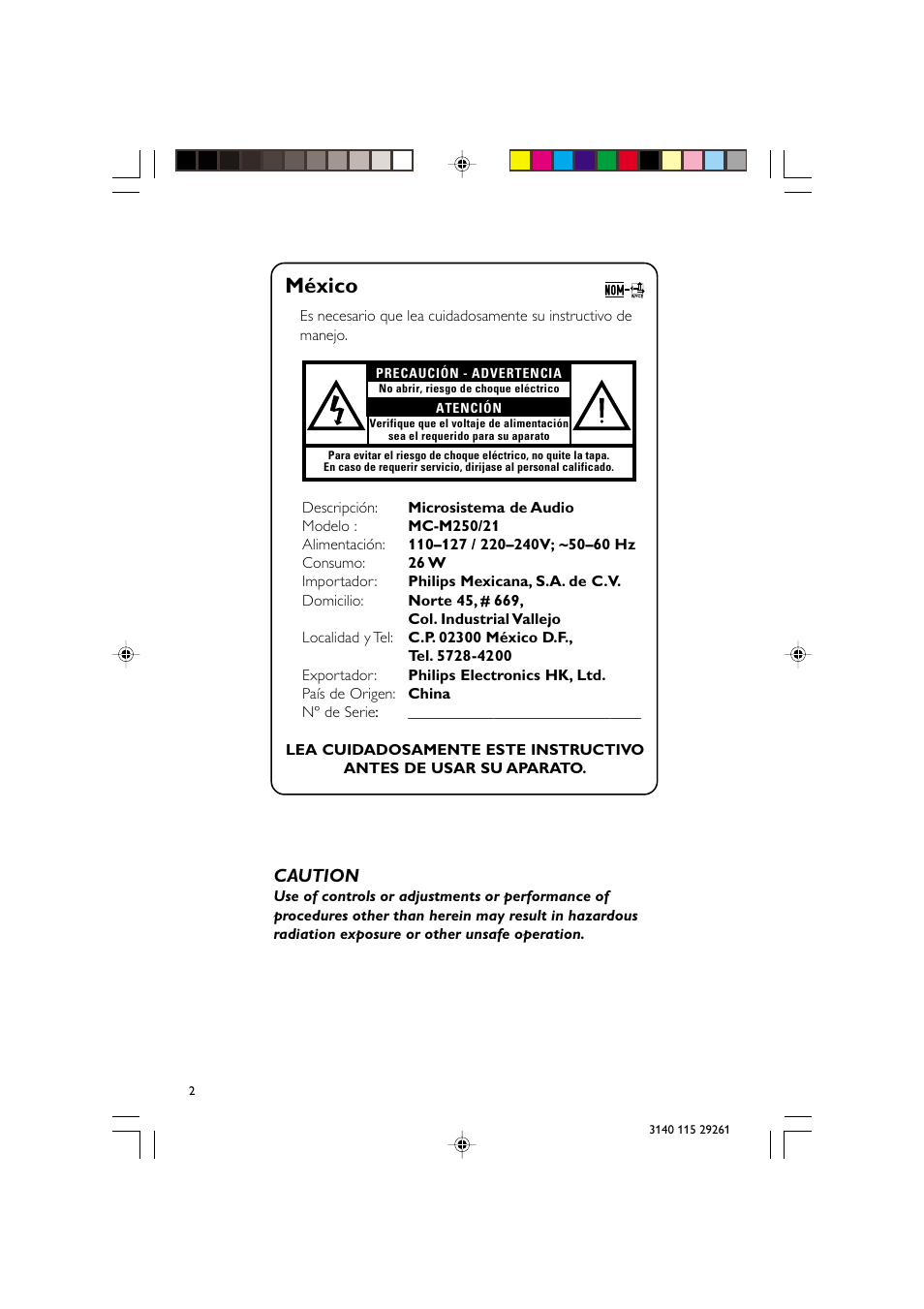 México, Caution | Philips MC-M250 User Manual | Page 2 / 20