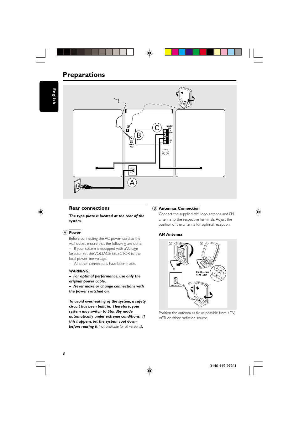 Ab c, Preparations, Speaker (right) speaker (left) | Philips MC-M250 User Manual | Page 8 / 20