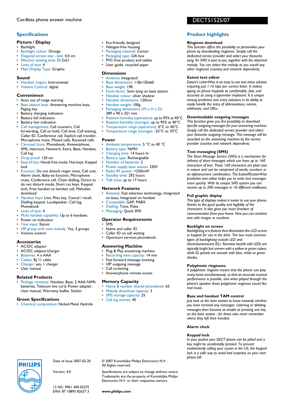 Philips DECT5152S User Manual | Page 2 / 2