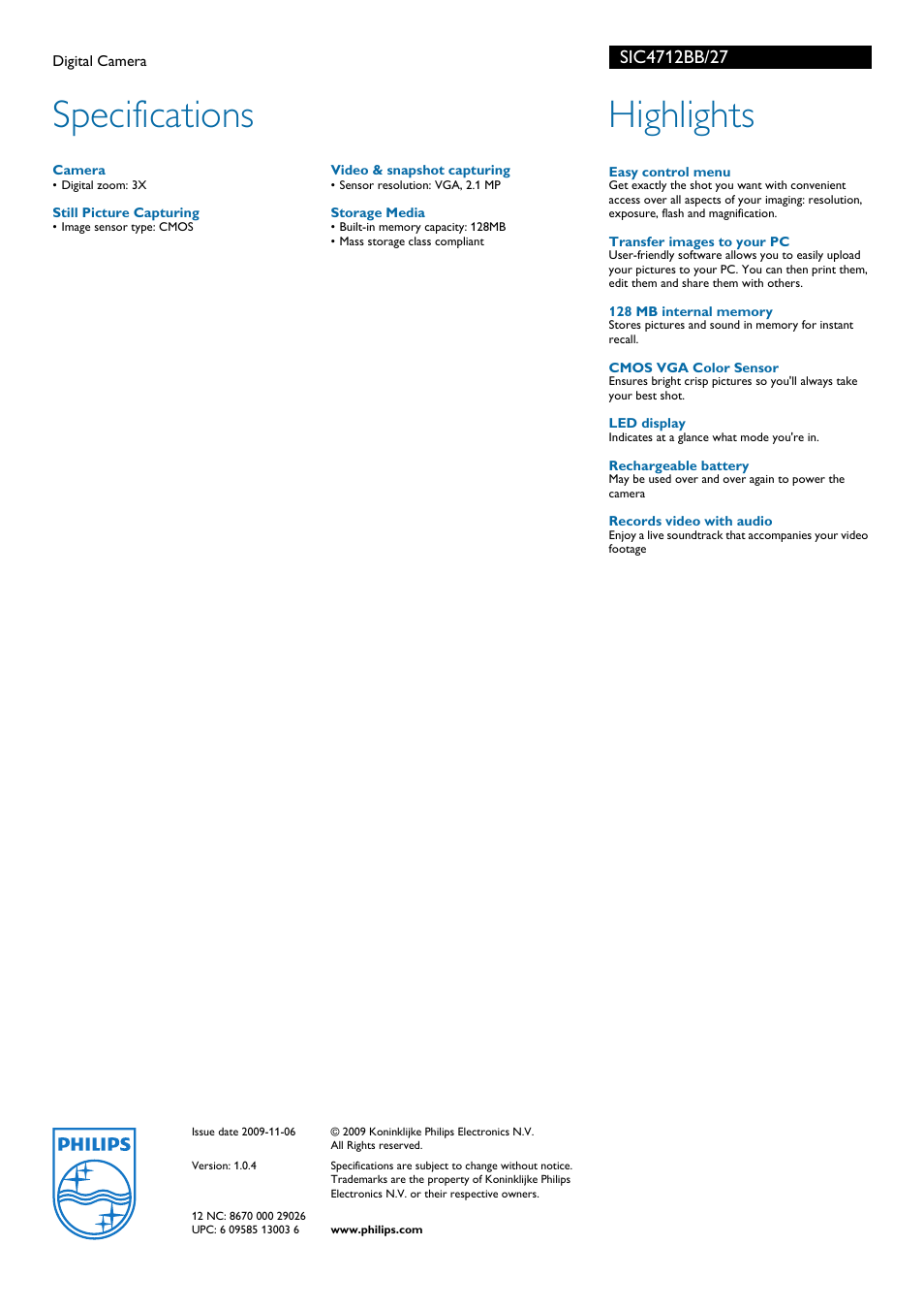 Specifications, Highlights | Philips SIC4712BB User Manual | Page 2 / 2