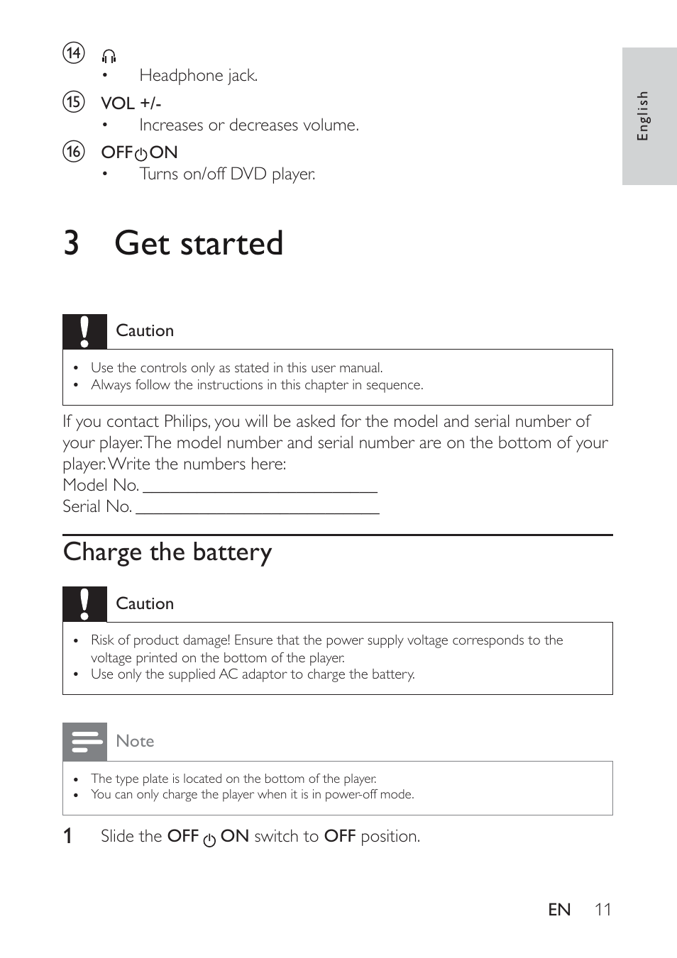 3get started, Charge the battery | Philips PET721D/58 User Manual | Page 10 / 18