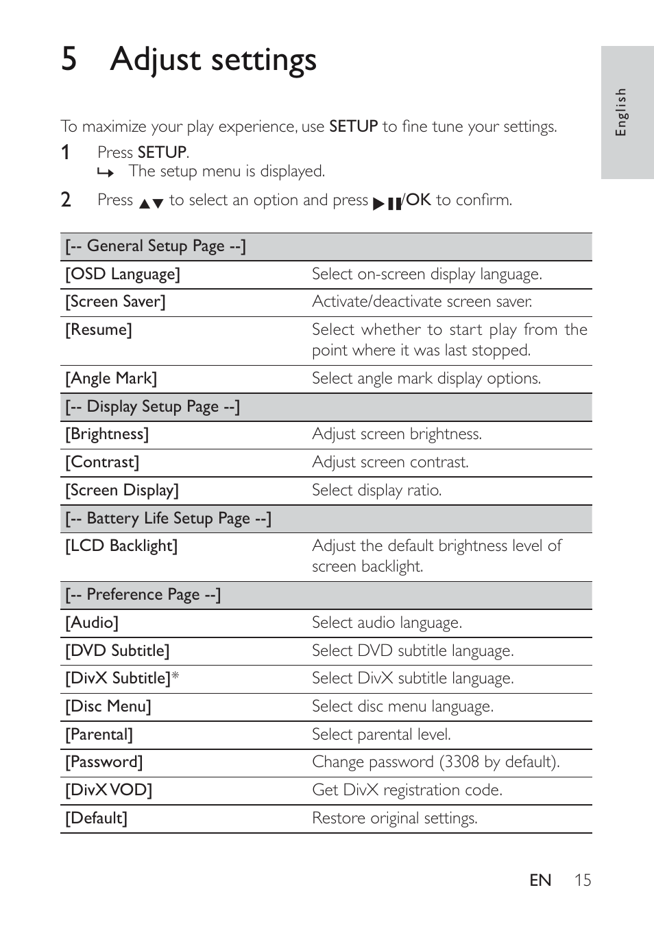 5adjust settings | Philips PET721D/58 User Manual | Page 14 / 18