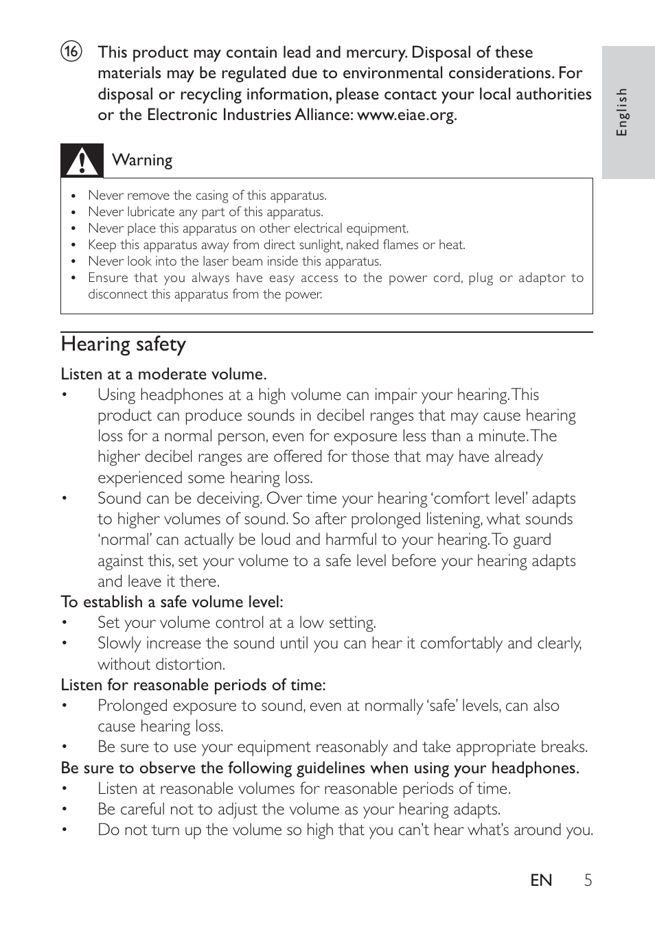 Hearing safety | Philips PET721D/58 User Manual | Page 4 / 18