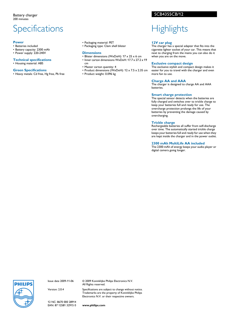 Specifications, Highlights | Philips SCB4355CB/12 User Manual | Page 2 / 2