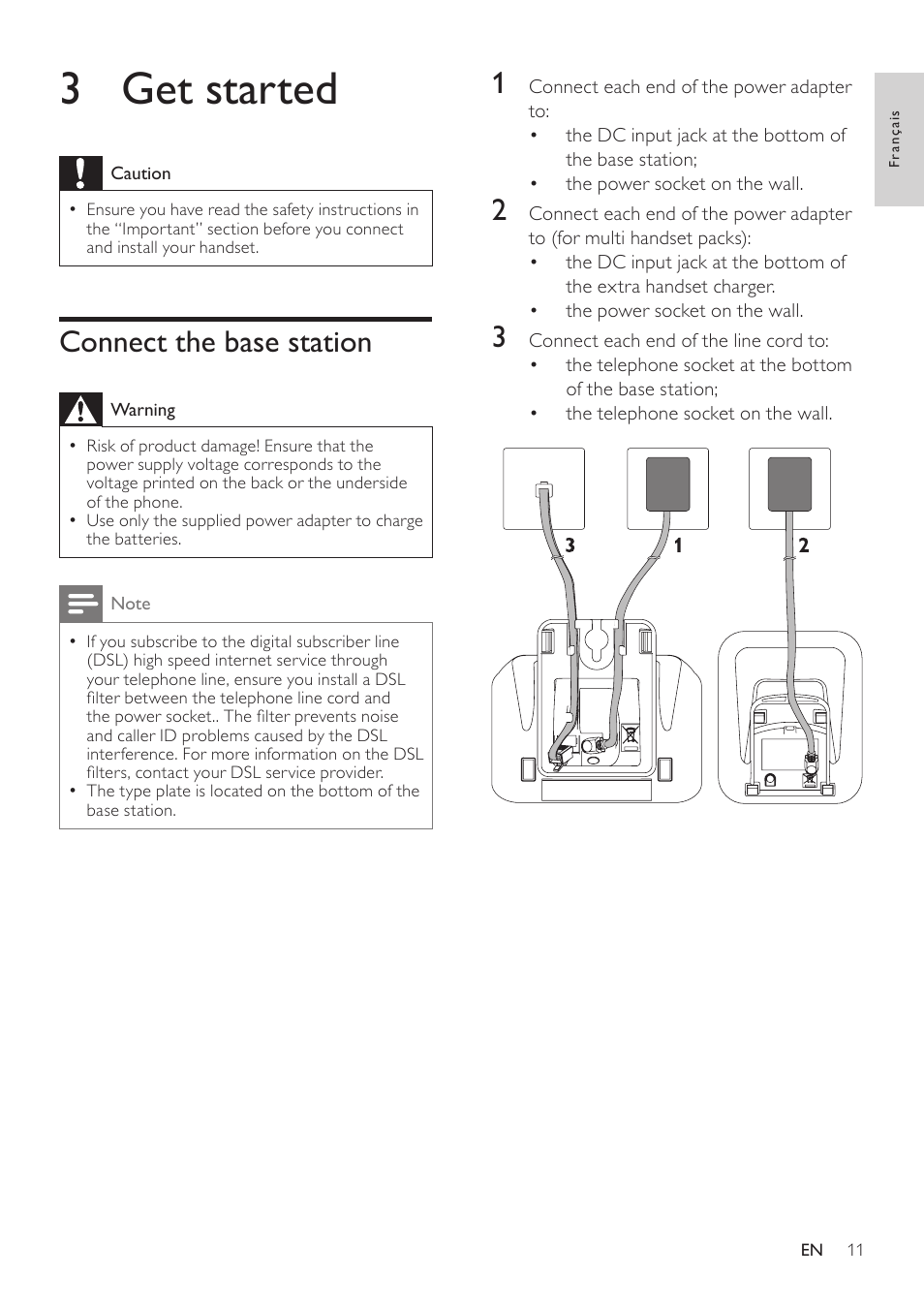 3 get started, Connect the base station | Philips SE171 User Manual | Page 11 / 36