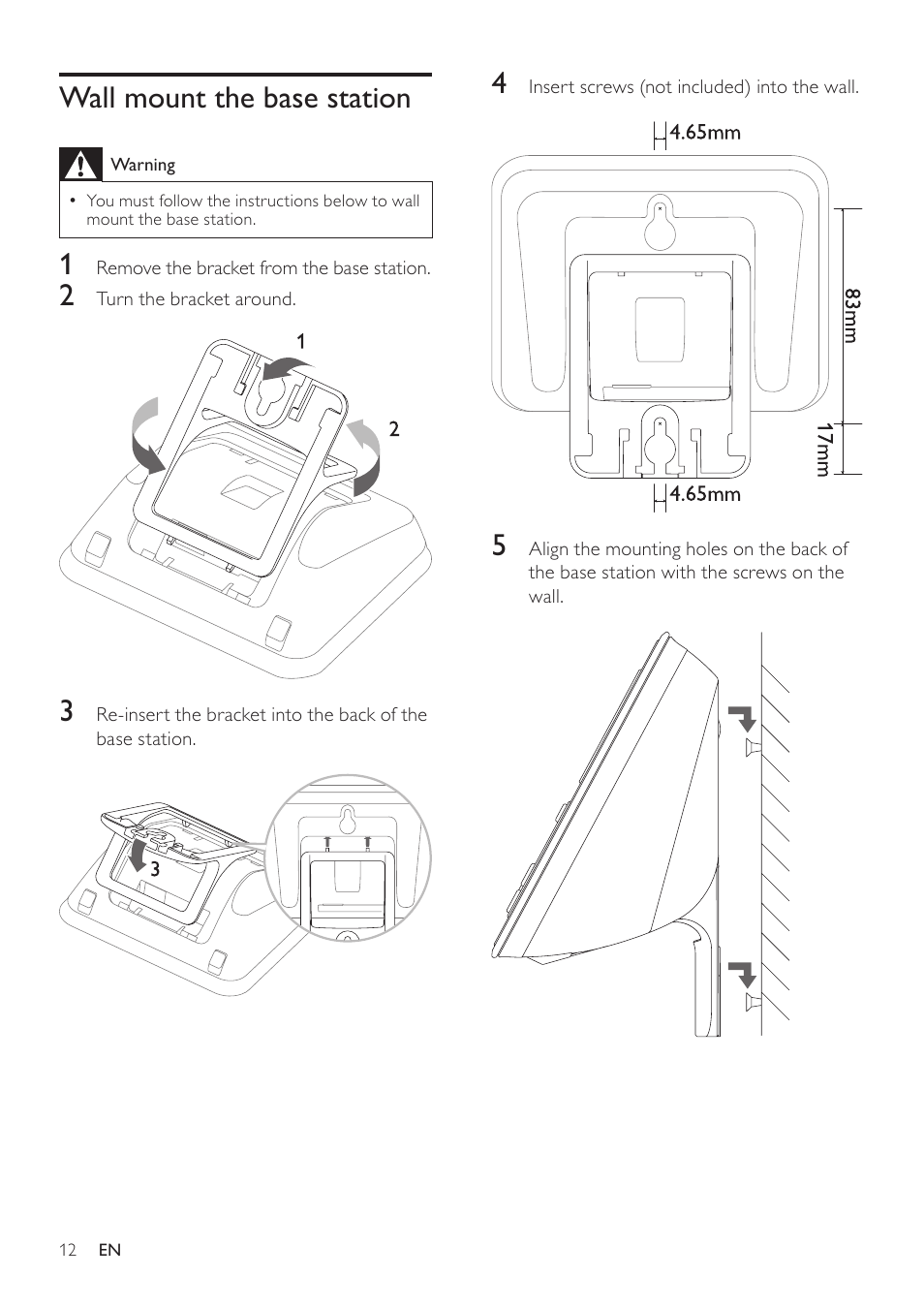 Wall mount the base station | Philips SE171 User Manual | Page 12 / 36