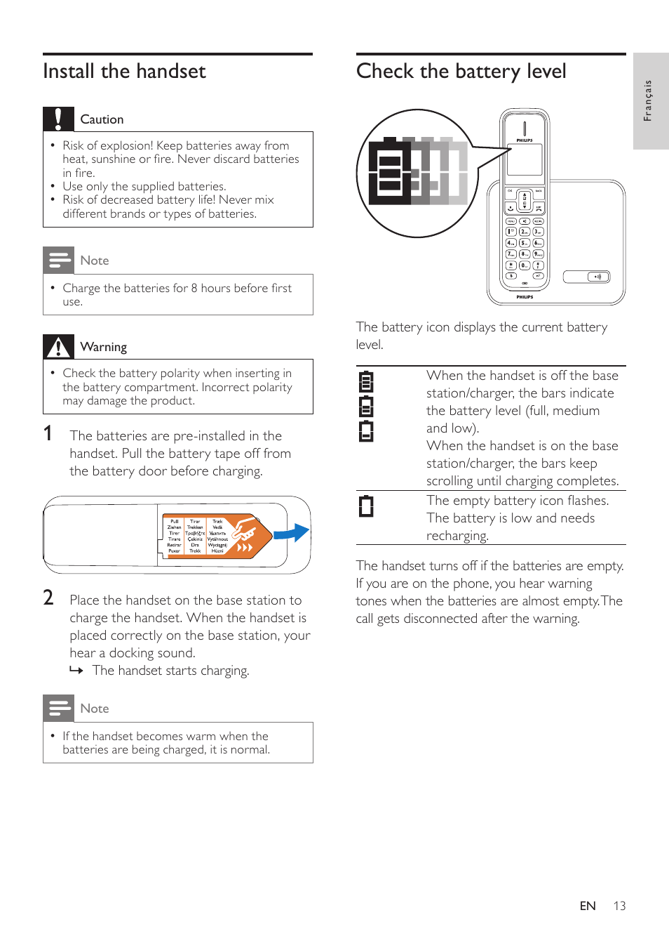 Install the handset, Check the battery level | Philips SE171 User Manual | Page 13 / 36