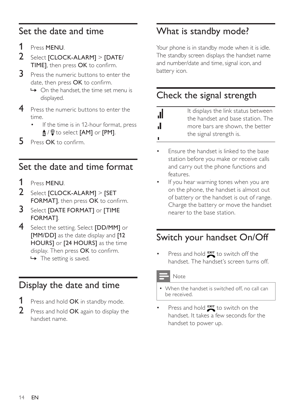 Set the date and time, Set the date and time format, Display the date and time | What is standby mode, Check the signal strength, Switch your handset on/off, Set the date and time 1, Set the date and time format 1, Display the date and time 1 | Philips SE171 User Manual | Page 14 / 36