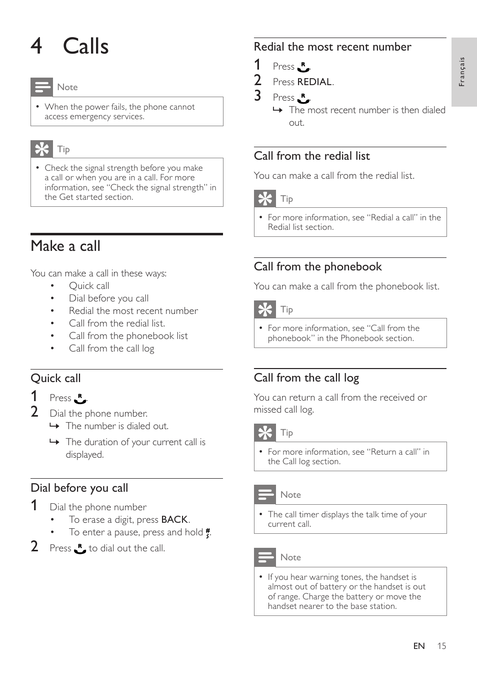 4 calls, Make a call | Philips SE171 User Manual | Page 15 / 36